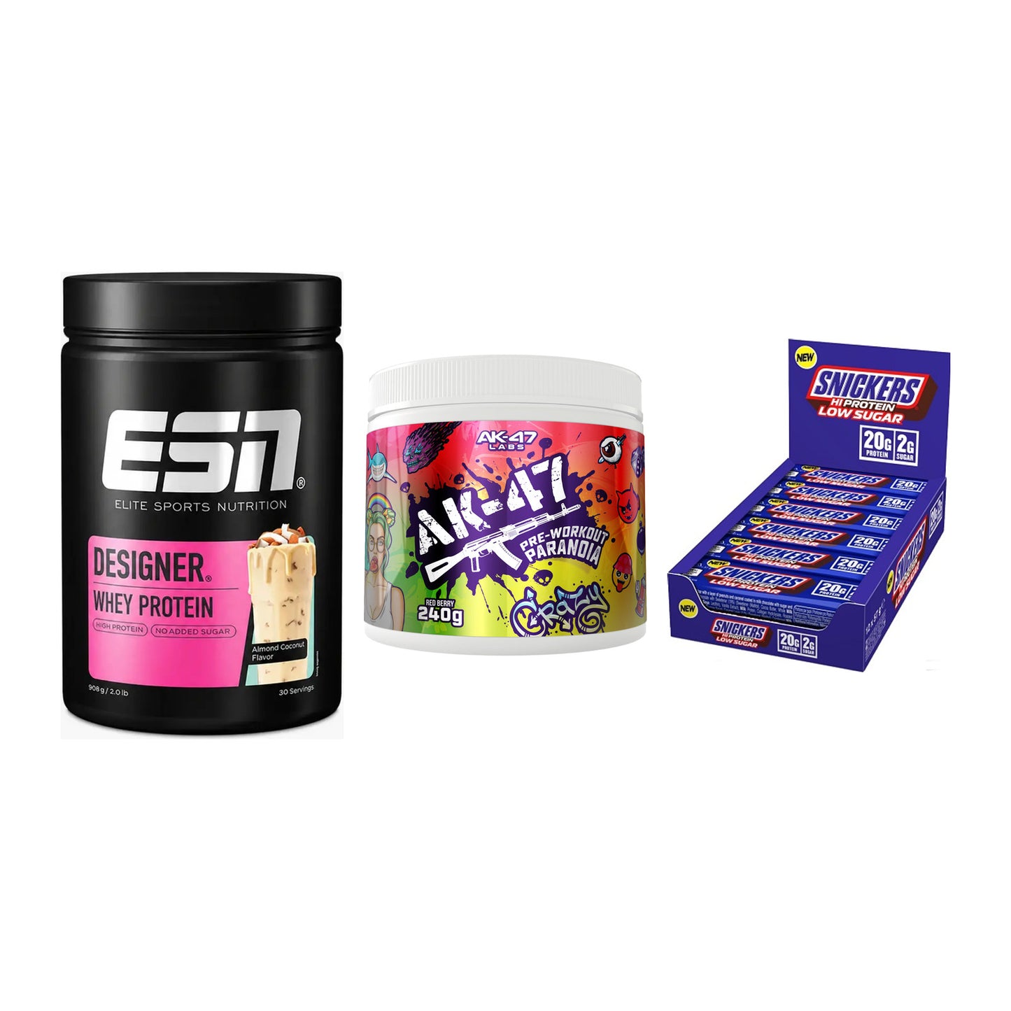 Home-Gym-Starter: ESN Designer + AK47 Labs + 5× Snickers LOW – alle enthaltenen Artikel