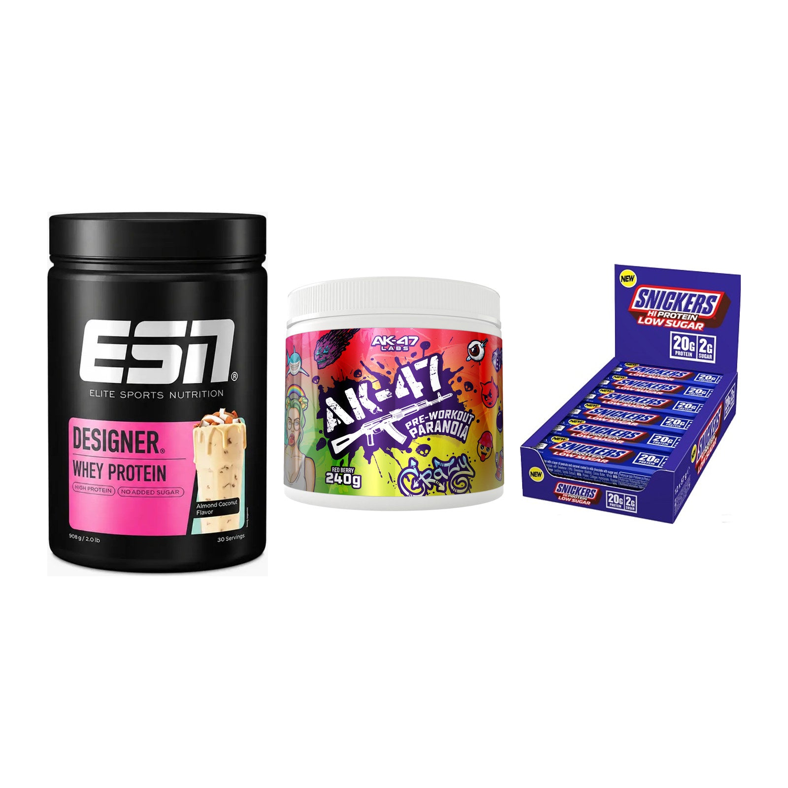 Home-Gym-Starter: ESN Designer + AK47 Labs + 5× Snickers LOW – alle enthaltenen Artikel