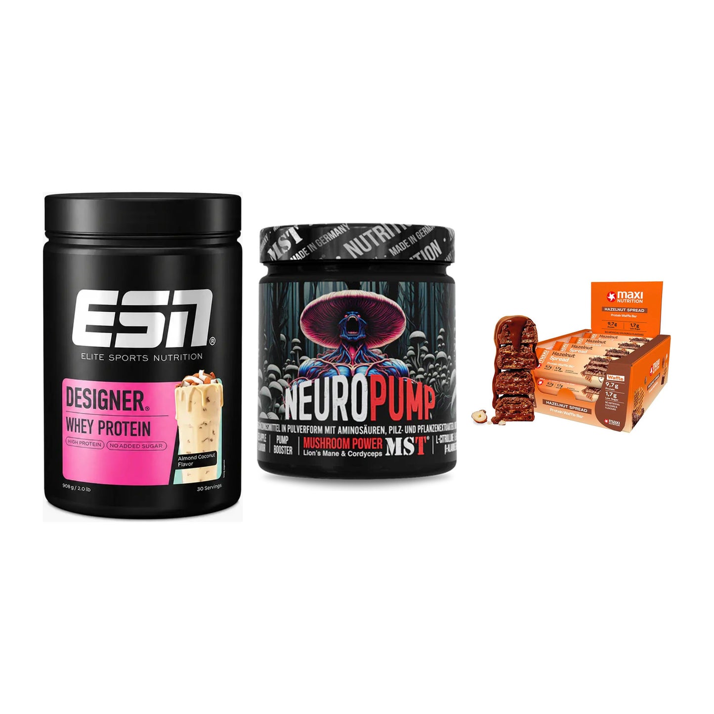 Home-Gym-Starter: ESN Designer + MST NeuroPump + 5× MaxiNutrition – alle enthaltenen Artikel