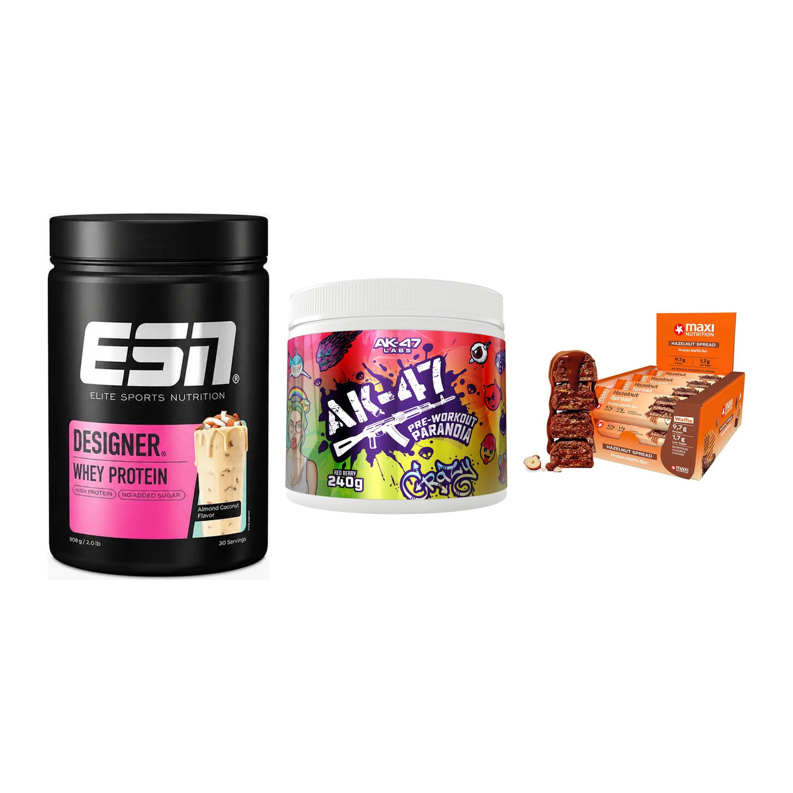 Home-Gym-Starter: ESN Designer + AK47 Labs + 5× MaxiNutrition – alle enthaltenen Artikel