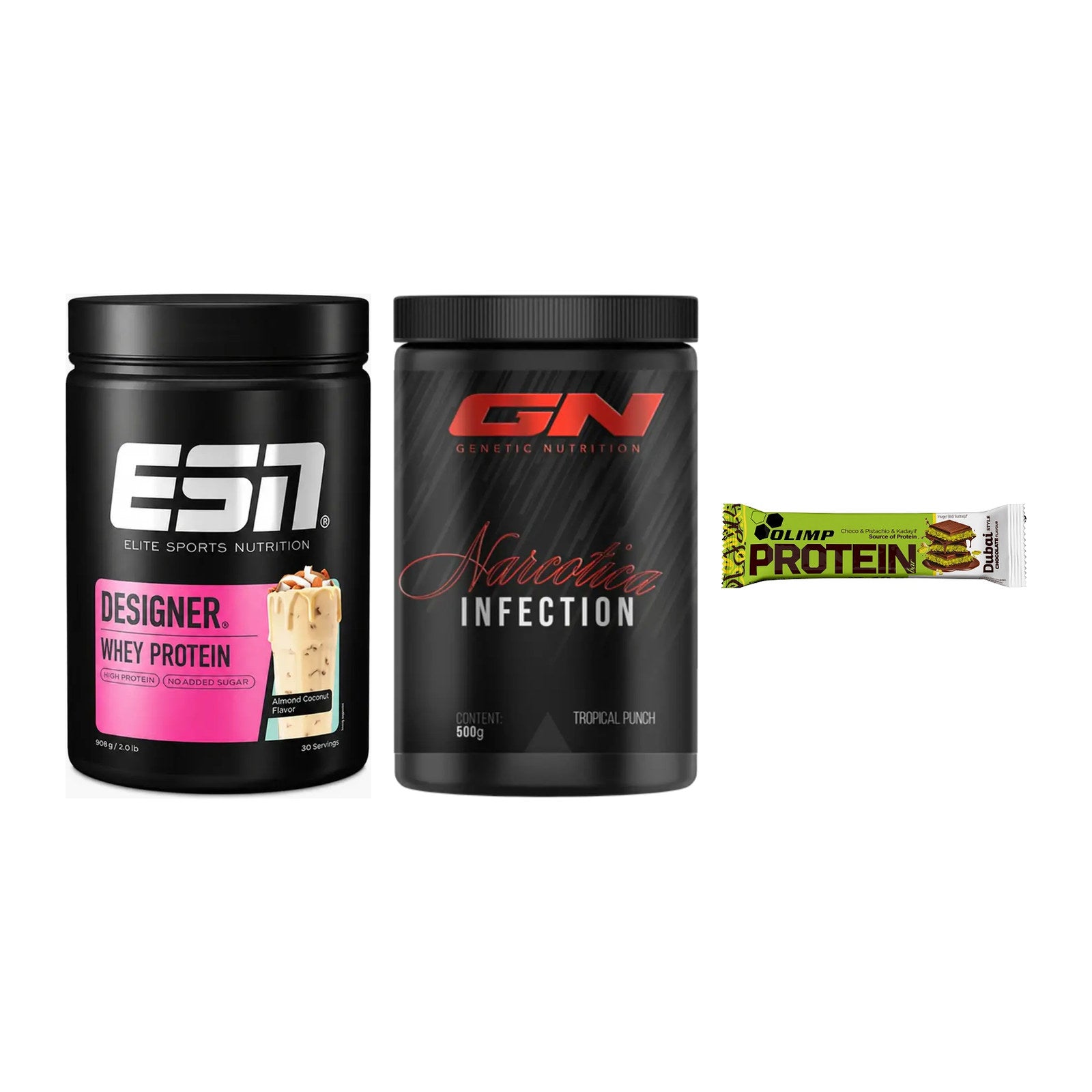 Home-Gym-Starter: ESN Designer + GN Narcotica + 5× Olimp Protein – alle enthaltenen Artikel