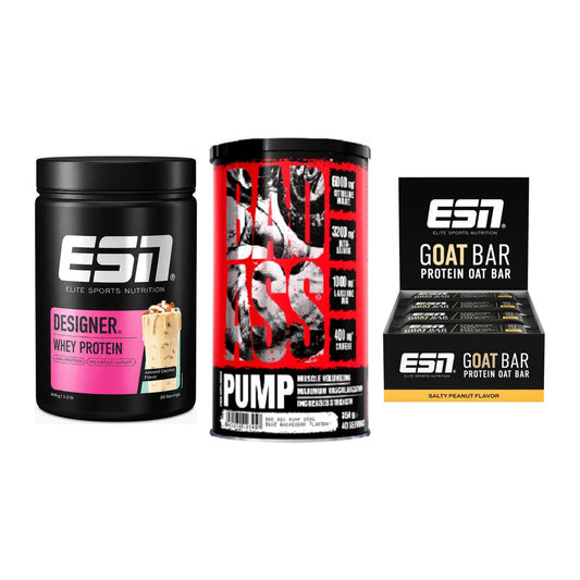 Home-Gym-Starter: ESN Designer Whey + BAD ASS Pump + 5× ESN Goat Bar – alle enthaltenen Artikel