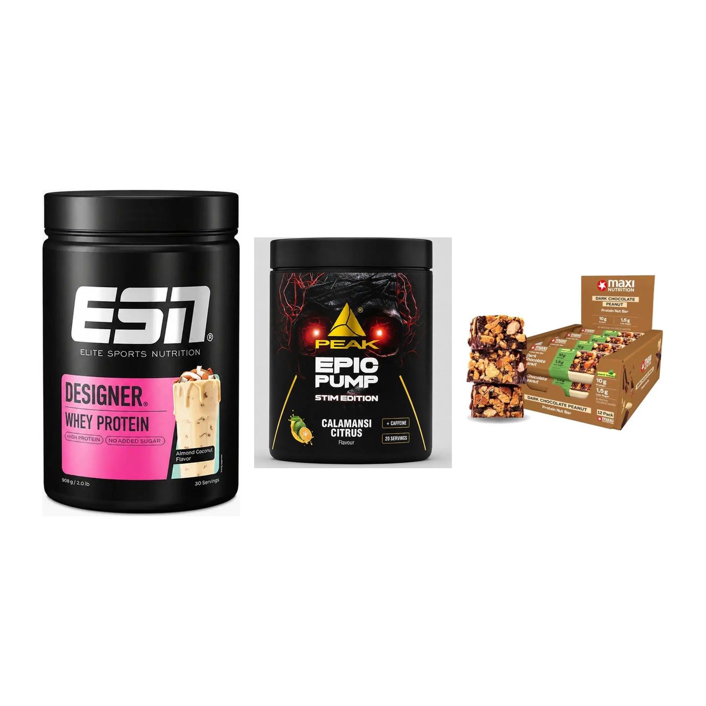 Home-Gym-Starter: ESN Designer + Peak Epic Pump + 5× MaxiNutrition – alle enthaltenen Artikel