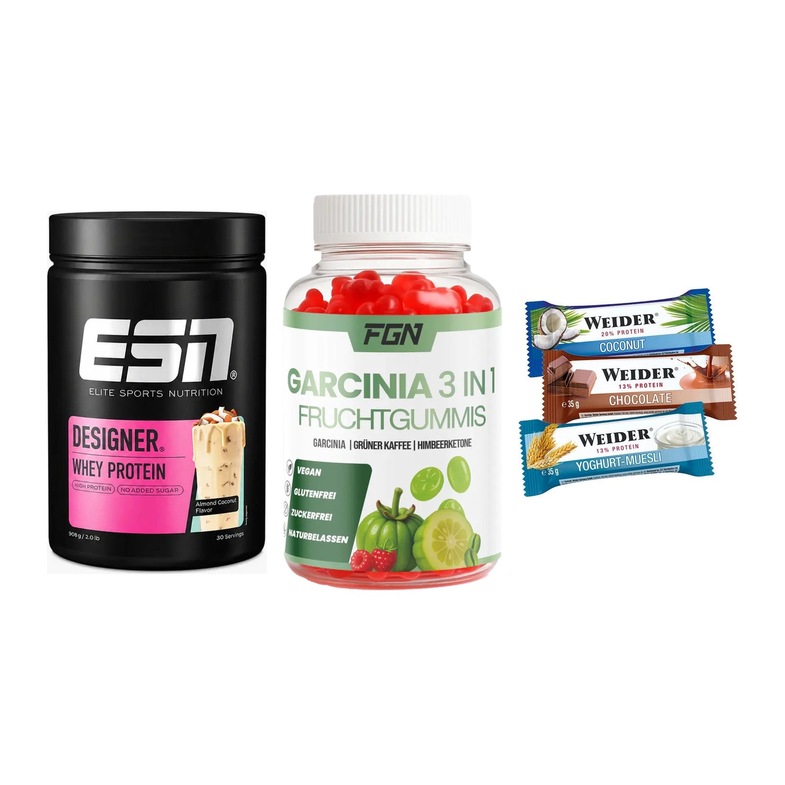 Home-Gym-Starter: ESN Designer + FGN Garcinia 60 + 5× Weider BAR – alle enthaltenen Artikel