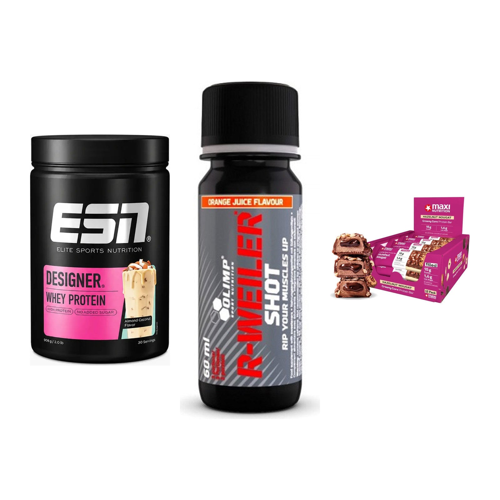 Home-Gym-Starter: ESN Designer + Olimp R-Weiler + 5× MaxiNutrition – alle enthaltenen Artikel