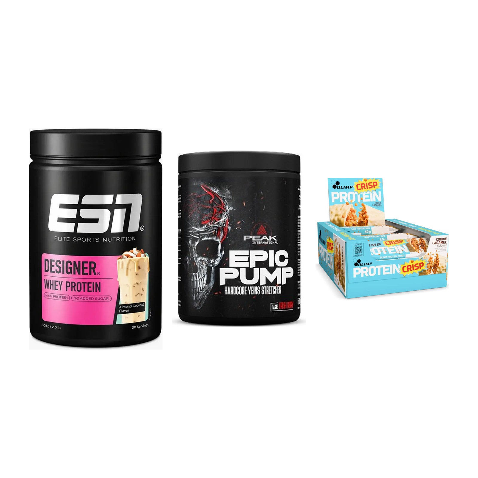 Home-Gym-Starter: ESN Designer + Peak EPIC Pump + 5× Olimp Protein – alle enthaltenen Artikel