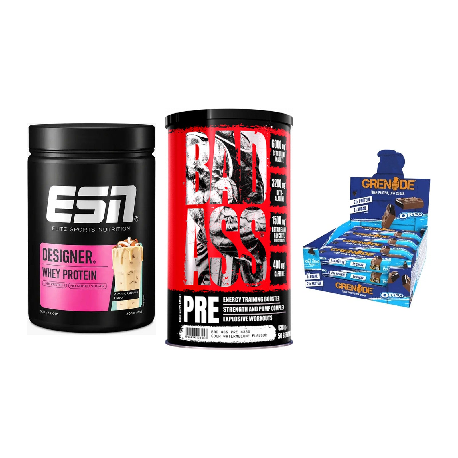 Home-Gym-Starter: ESN Designer + BAD ASS Pre + 5× Grenade Protein – alle enthaltenen Artikel