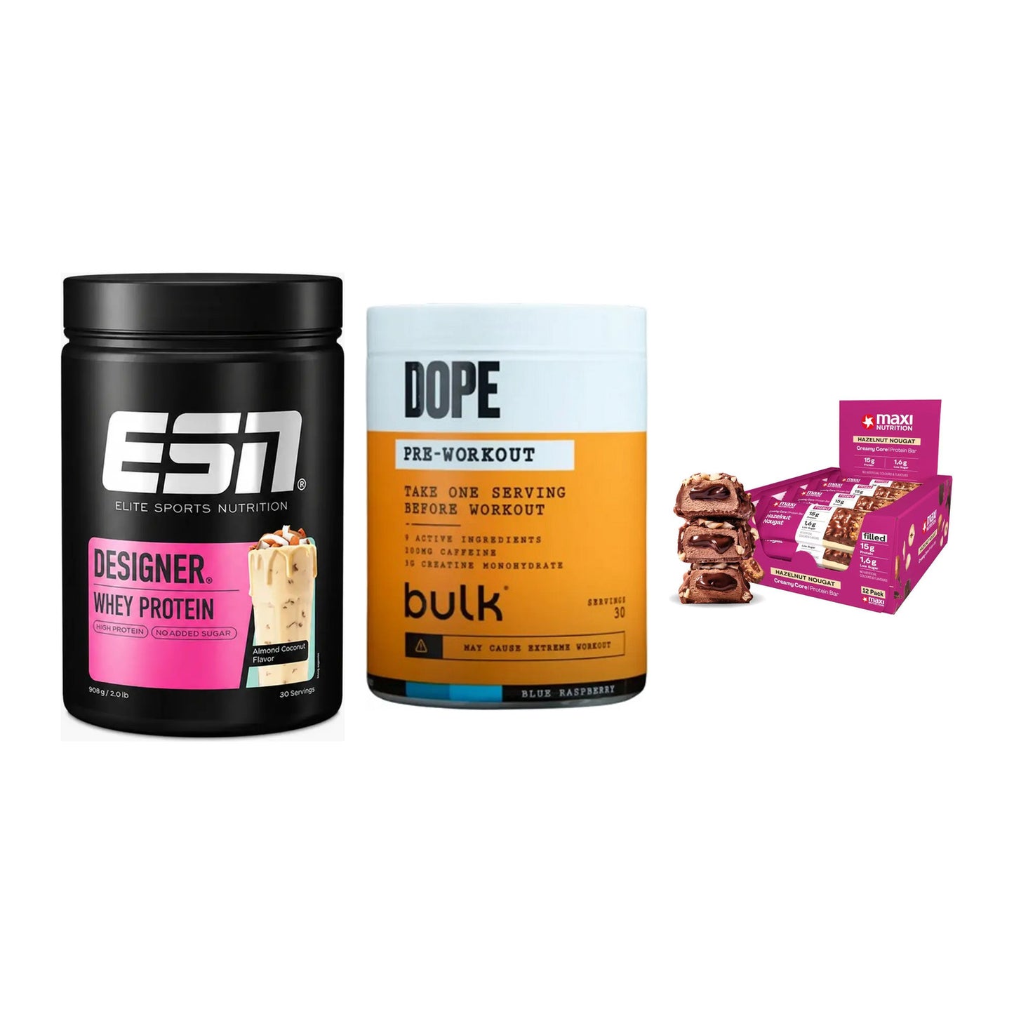Home-Gym-Starter: ESN Designer + Bulk Dope + 5× MaxiNutrition – alle enthaltenen Artikel