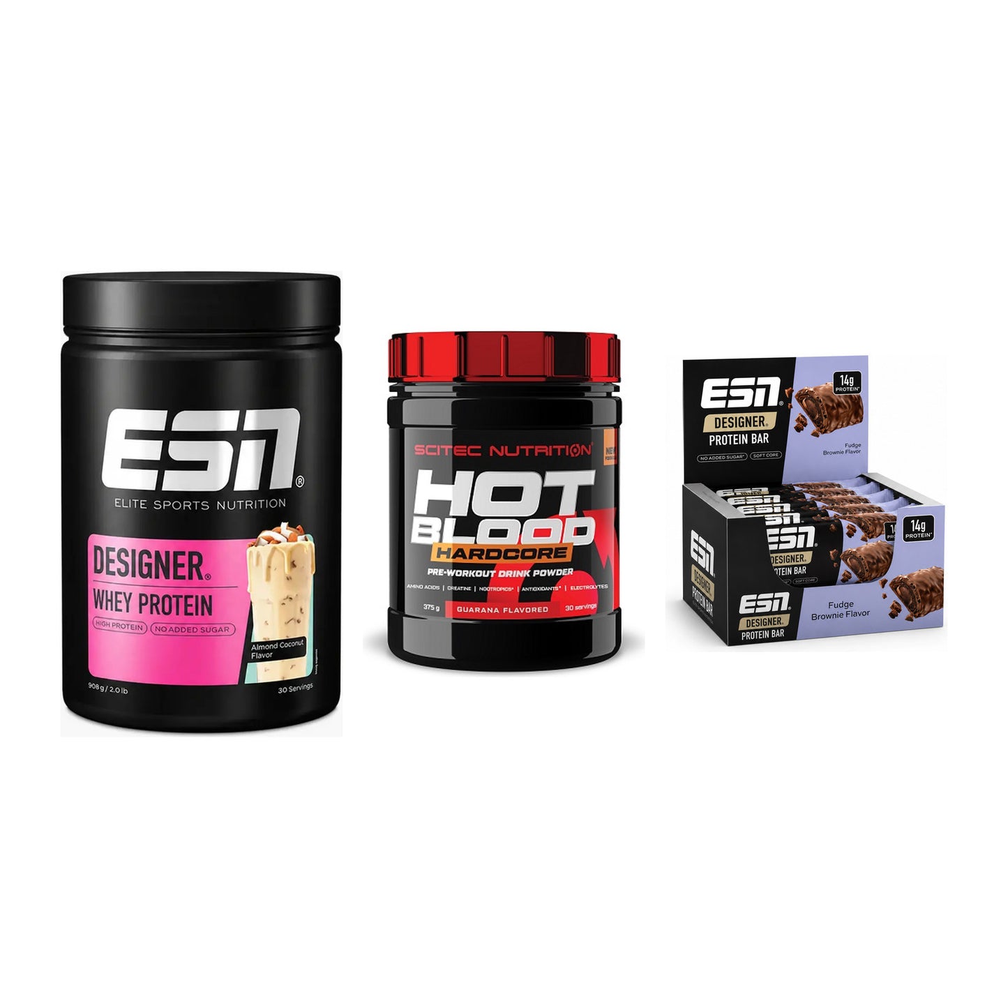 Home-Gym-Starter: ESN Designer Whey + Scitec Hot Blood + 1 weitere – alle enthaltenen Artikel