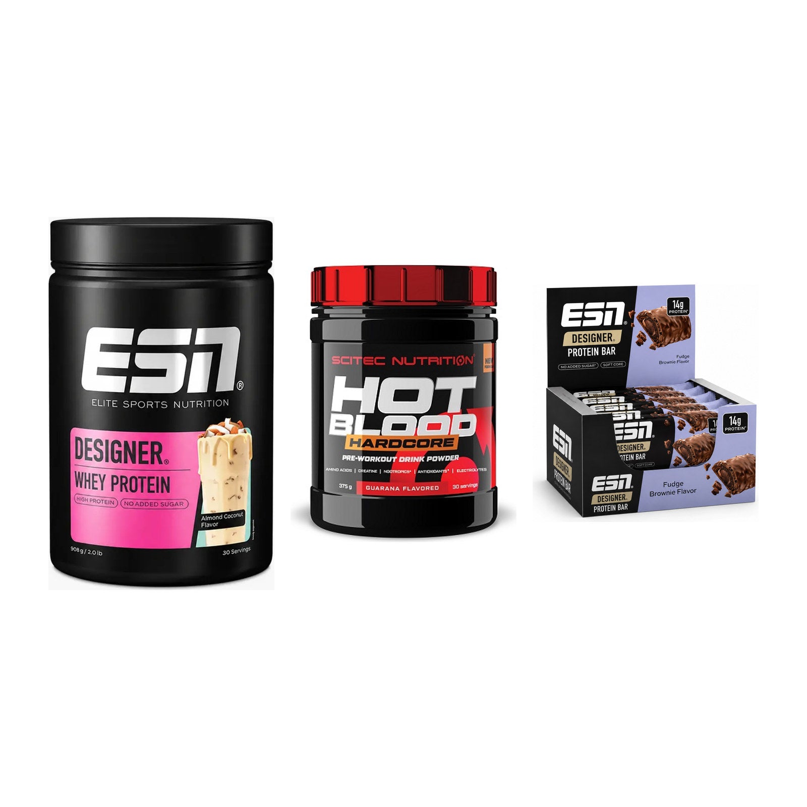 Home-Gym-Starter: ESN Designer Whey + Scitec Hot Blood + 1 weitere – alle enthaltenen Artikel