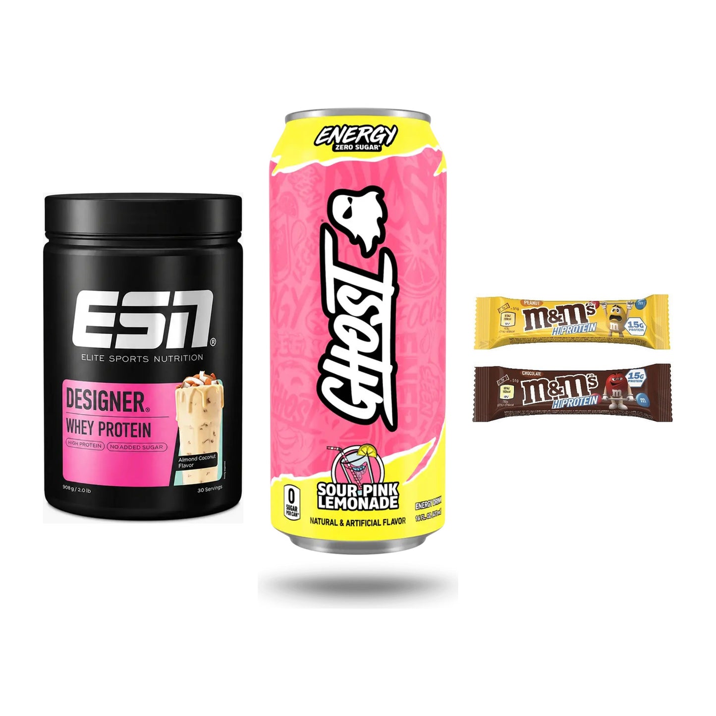 Home-Gym-Starter: ESN Designer + Ghost Energy + 5× M&M Protein Bar – alle enthaltenen Artikel