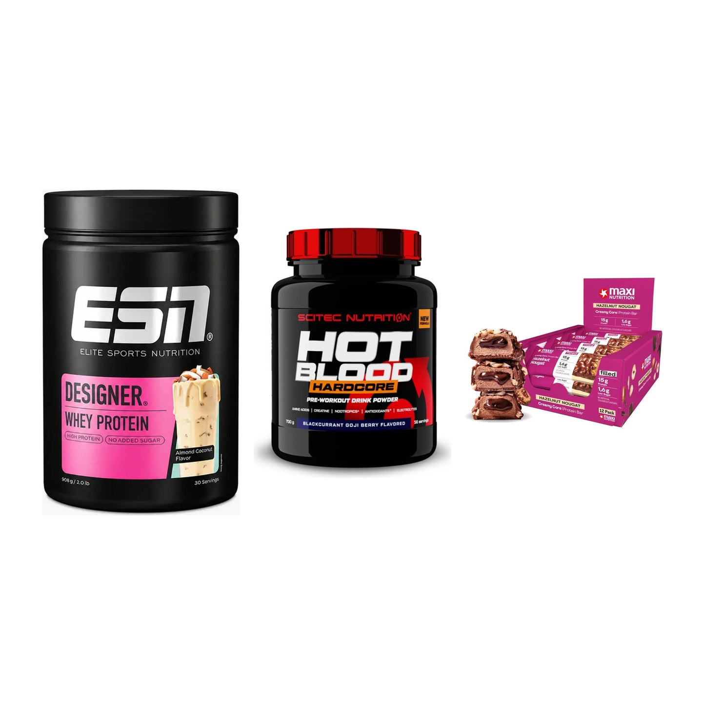 Home-Gym-Starter: ESN Designer + Scitec Hot + 5× MaxiNutrition – alle enthaltenen Artikel