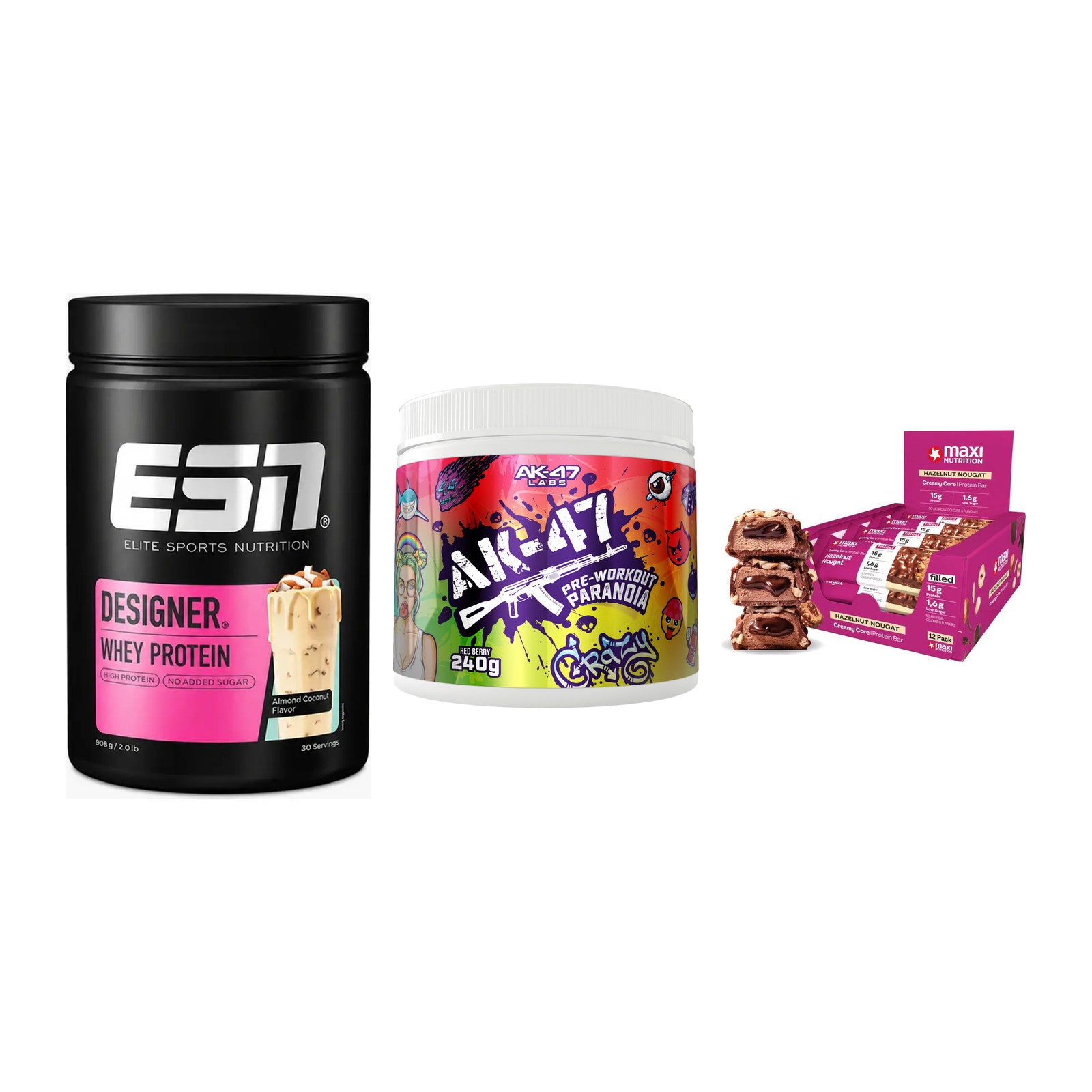 Home-Gym-Starter: ESN Designer + AK47 Labs + 5× MaxiNutrition – alle enthaltenen Artikel