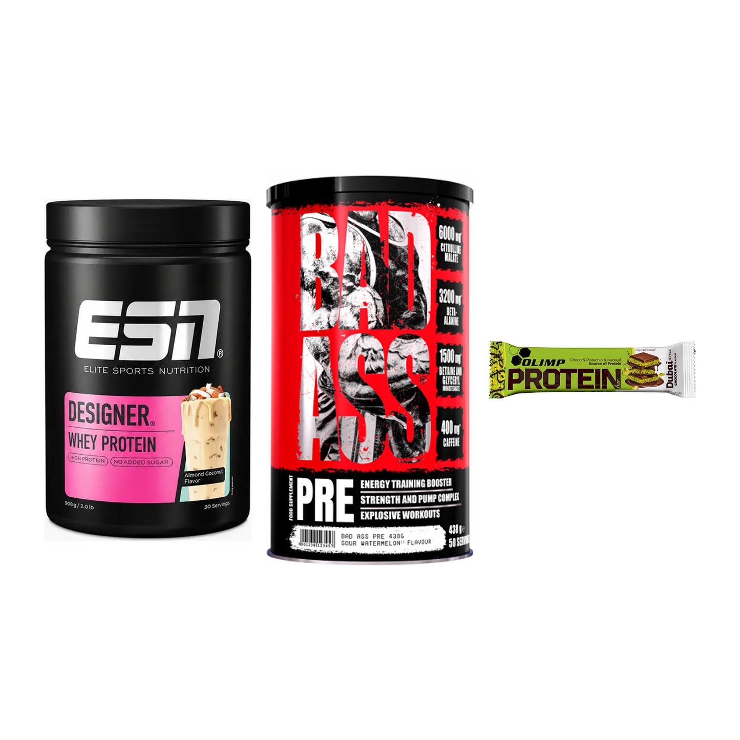 Home-Gym-Starter: ESN Designer + BAD ASS Pre + 5× Olimp Protein – alle enthaltenen Artikel