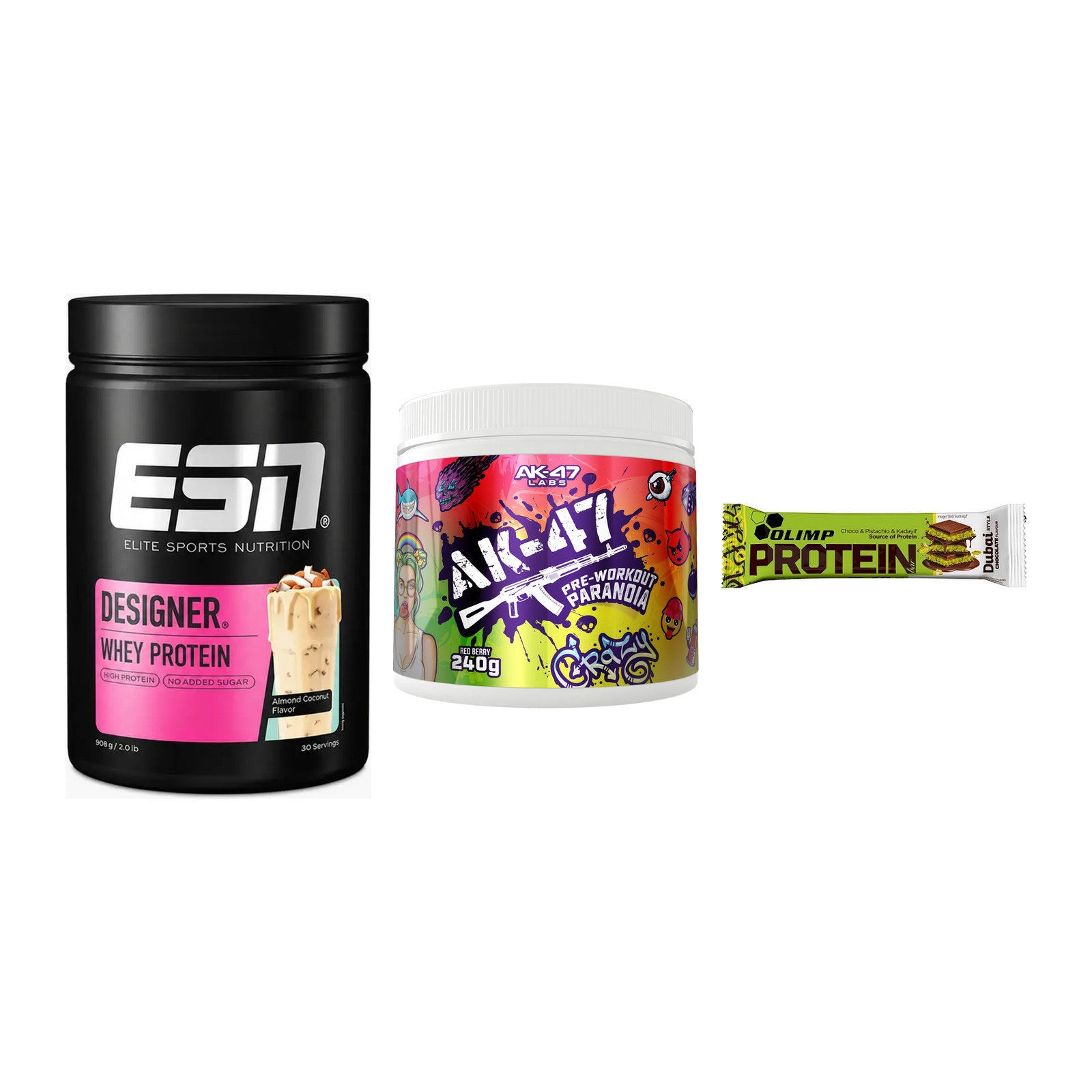 Home-Gym-Starter: ESN Designer + AK47 Labs + 5× Olimp Protein – alle enthaltenen Artikel