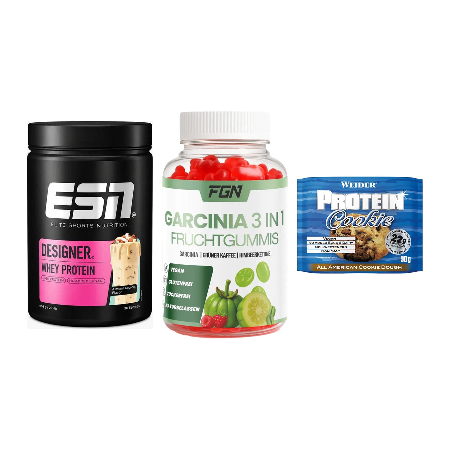 Home-Gym-Starter: ESN Designer + FGN Garcinia 60 + 5× Weider Protein – alle enthaltenen Artikel