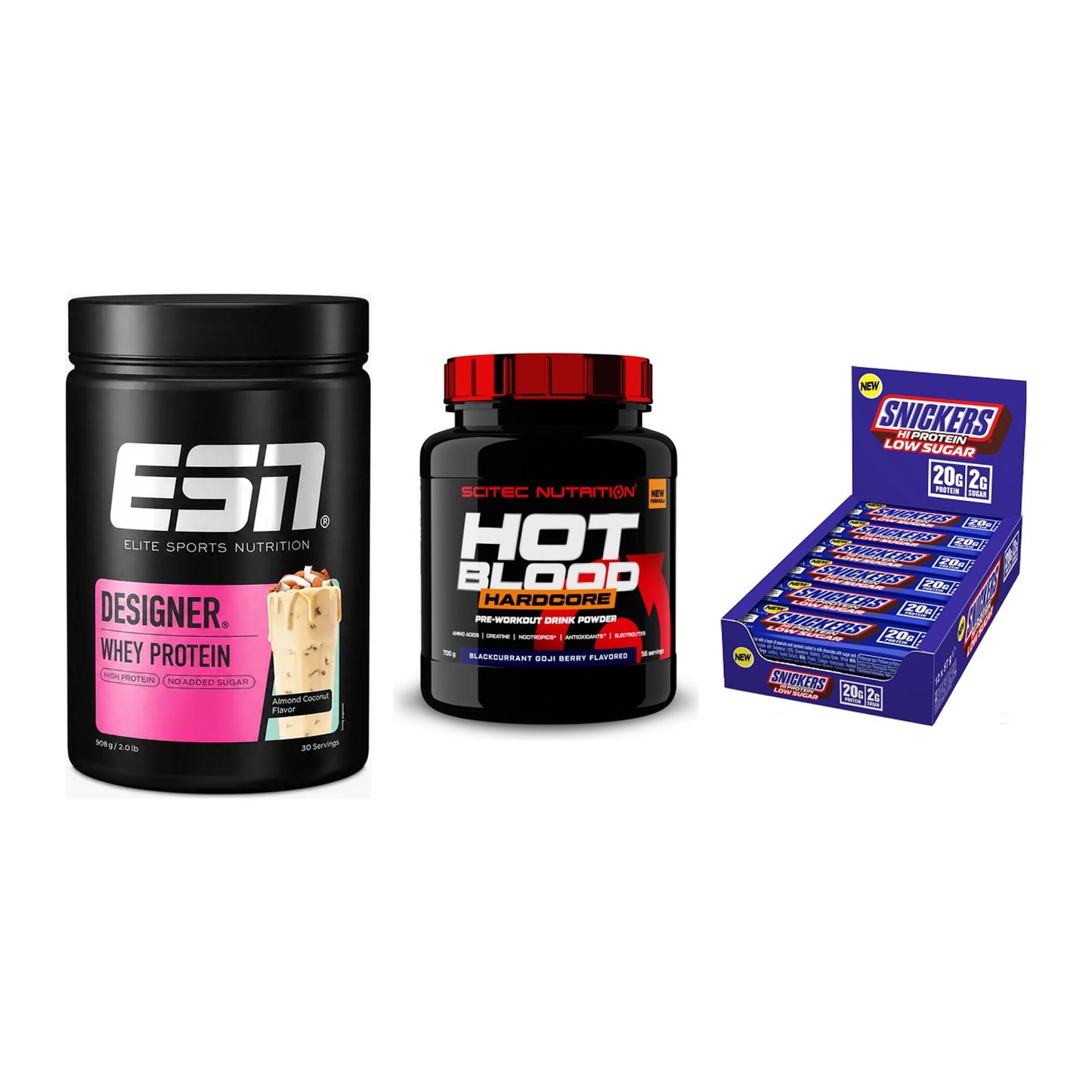 Home-Gym-Starter: ESN Designer + Scitec Hot + 5× Snickers LOW – alle enthaltenen Artikel