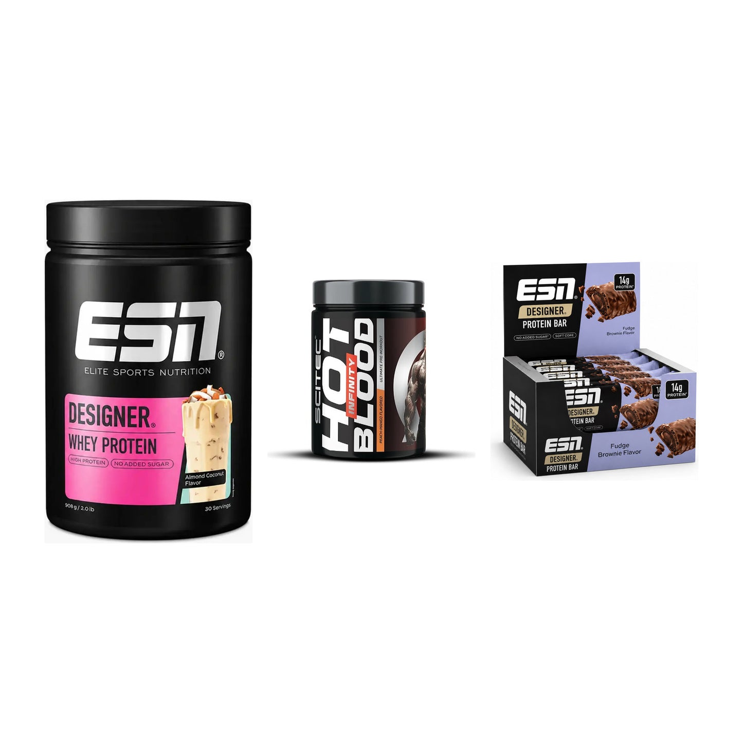 Home-Gym-Starter: ESN Designer Whey + Scitec Hot Blood + 1 weitere – alle enthaltenen Artikel