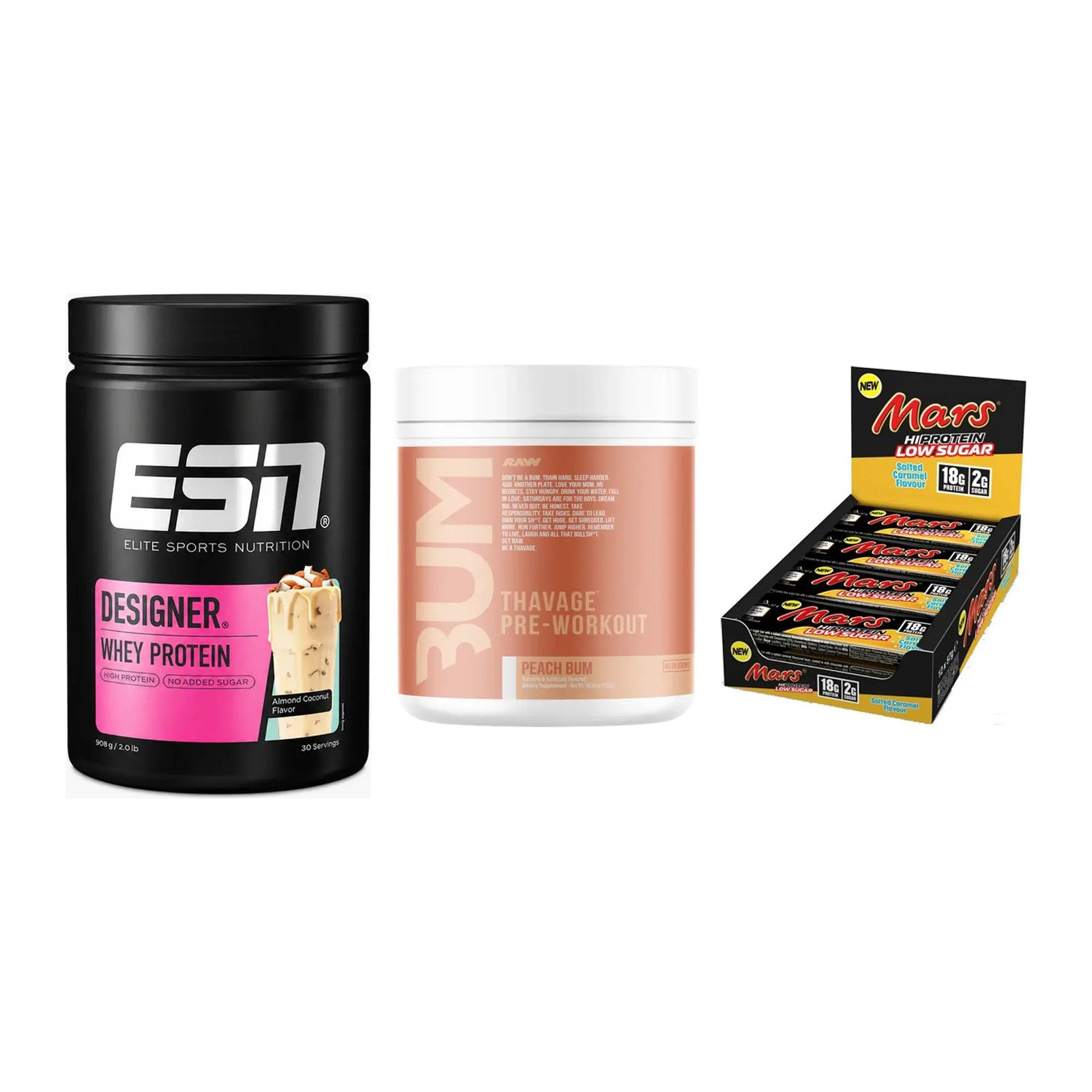 Home-Gym-Starter: ESN Designer + RAW Nutrition + 5× Mars Low Sugar – alle enthaltenen Artikel