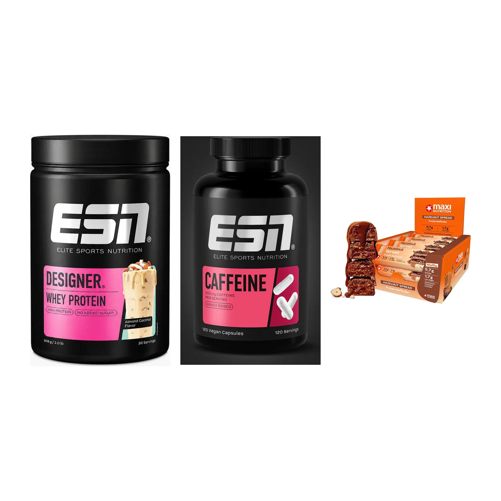 Home-Gym-Starter: ESN Designer + ESN Caffeine + 5× MaxiNutrition – alle enthaltenen Artikel