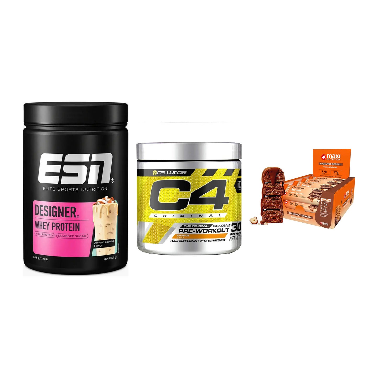 Home-Gym-Starter: ESN Designer + Cellucor C4 + 5× MaxiNutrition – alle enthaltenen Artikel