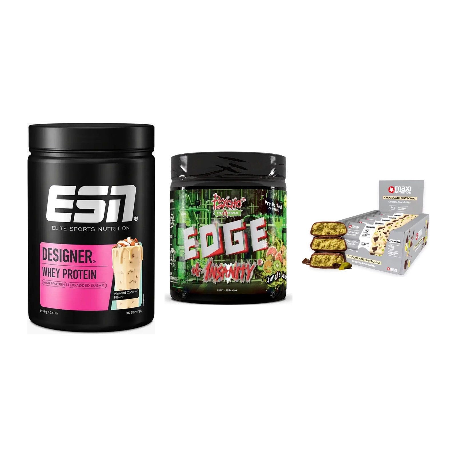Home-Gym-Starter: ESN Designer + Psycho Pharma + 5× MaxiNutrition – alle enthaltenen Artikel