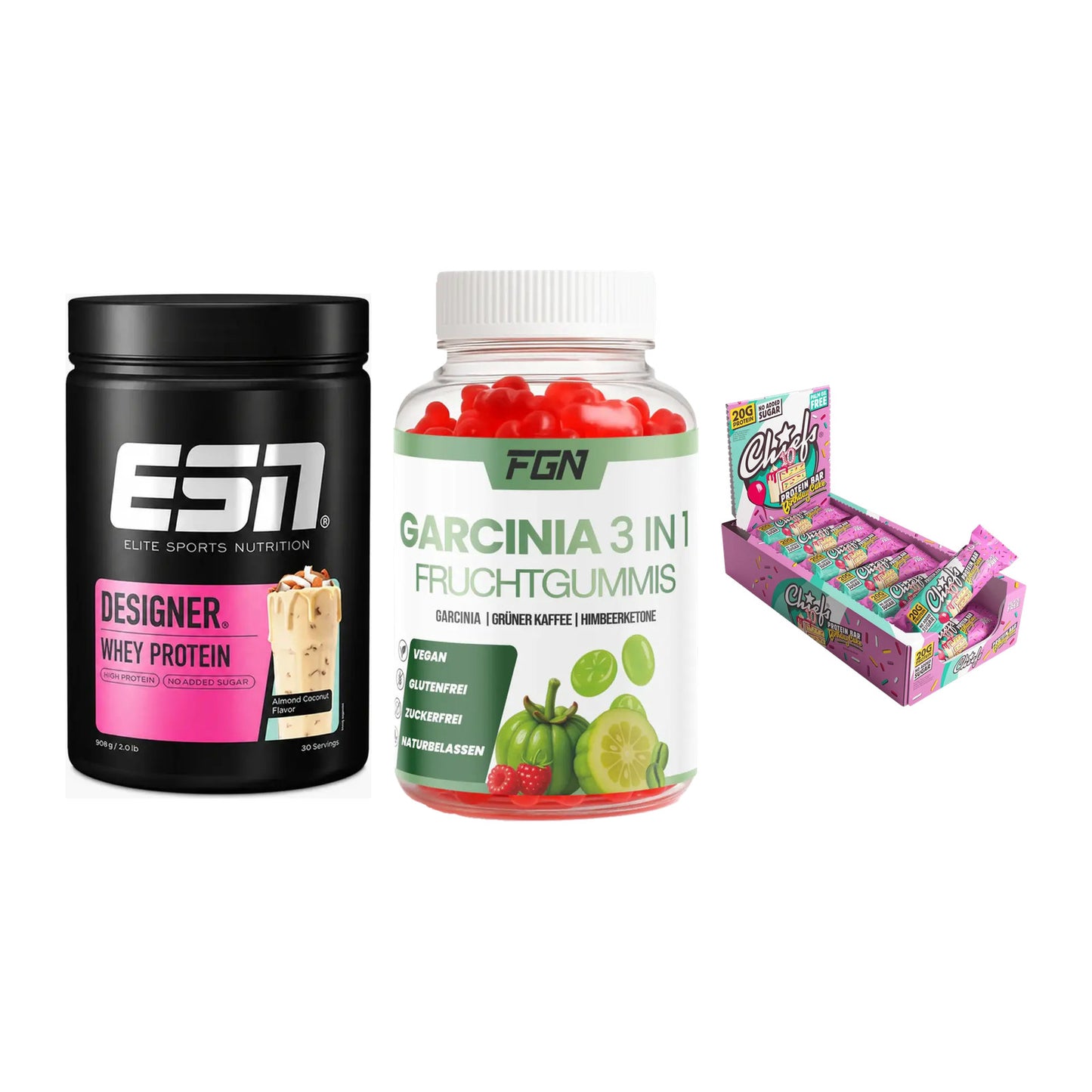Home-Gym-Starter: ESN Designer + FGN Garcinia 60 + 5× Chiefs Protein – alle enthaltenen Artikel