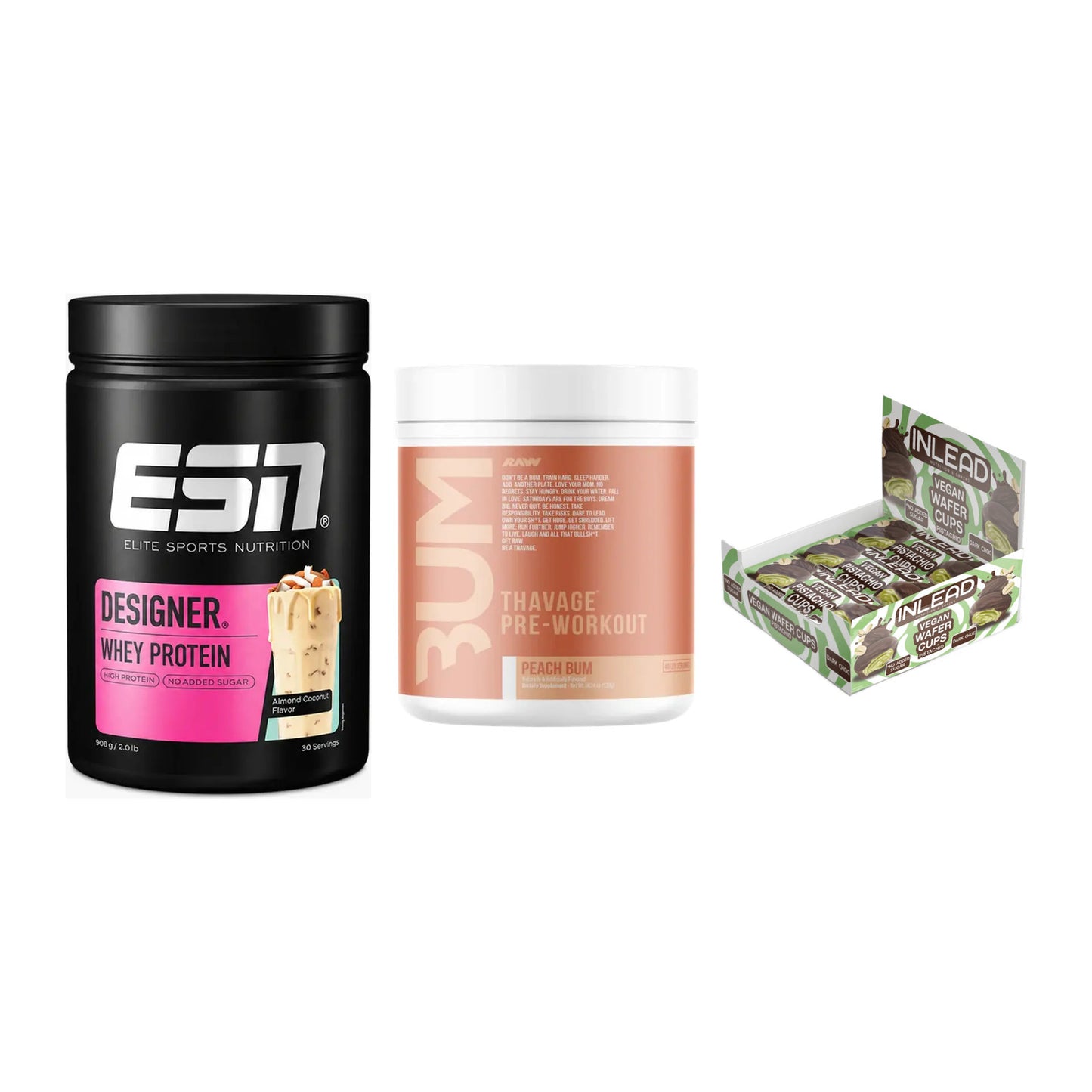 Home-Gym-Starter: ESN Designer + RAW Nutrition + 5× INLEAD Wafer – alle enthaltenen Artikel