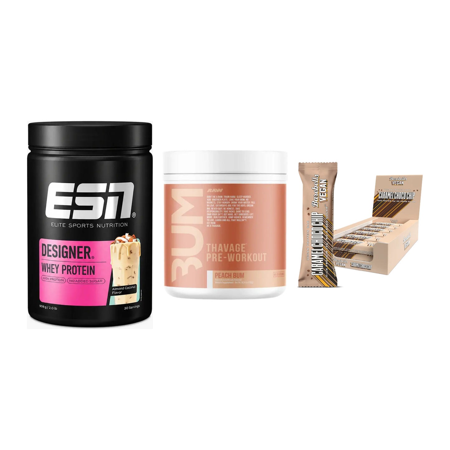 Home-Gym-Starter: ESN Designer + RAW Nutrition + 5× Barebells Vegan – alle enthaltenen Artikel