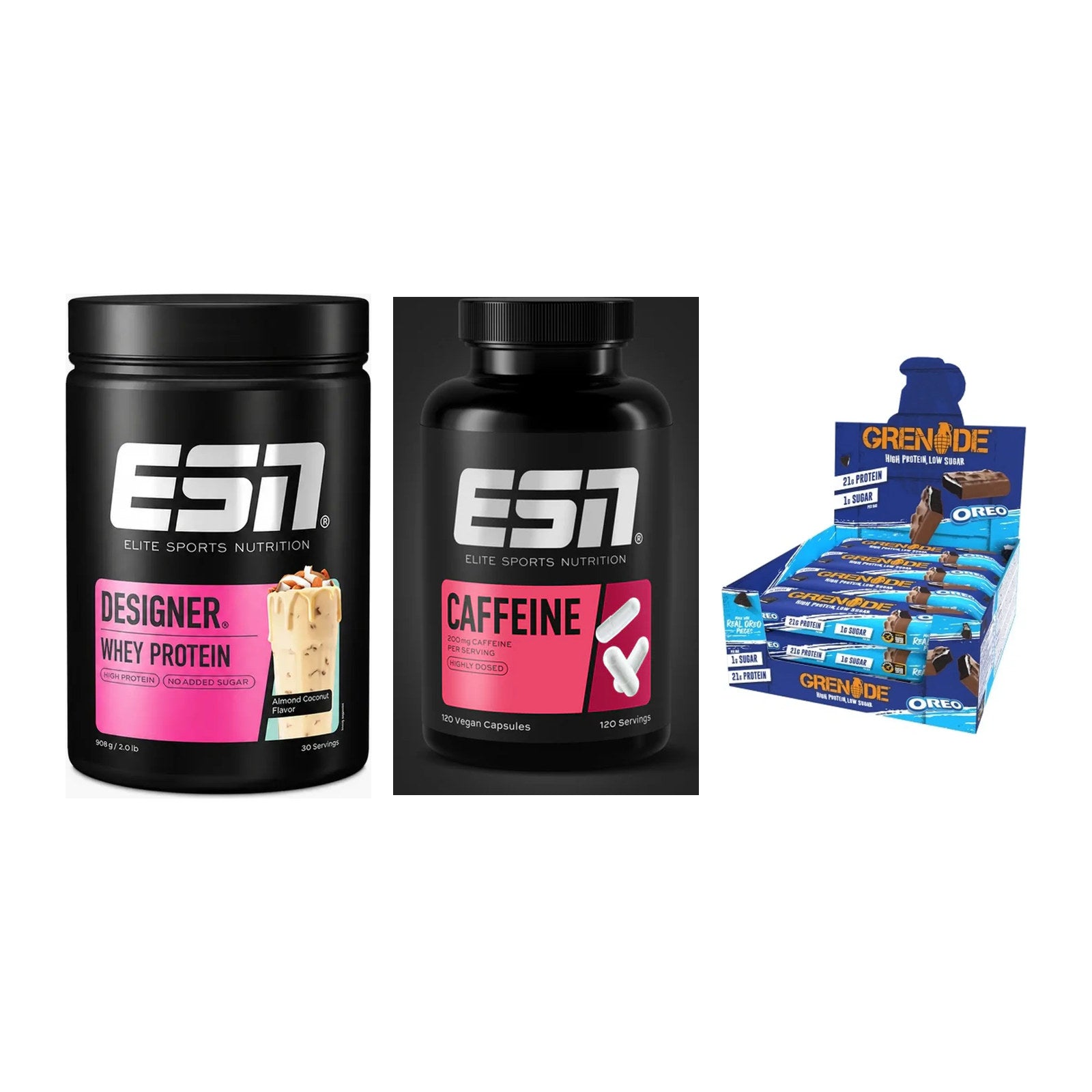 Home-Gym-Starter: ESN Designer + ESN Caffeine + 5× Grenade Protein – alle enthaltenen Artikel