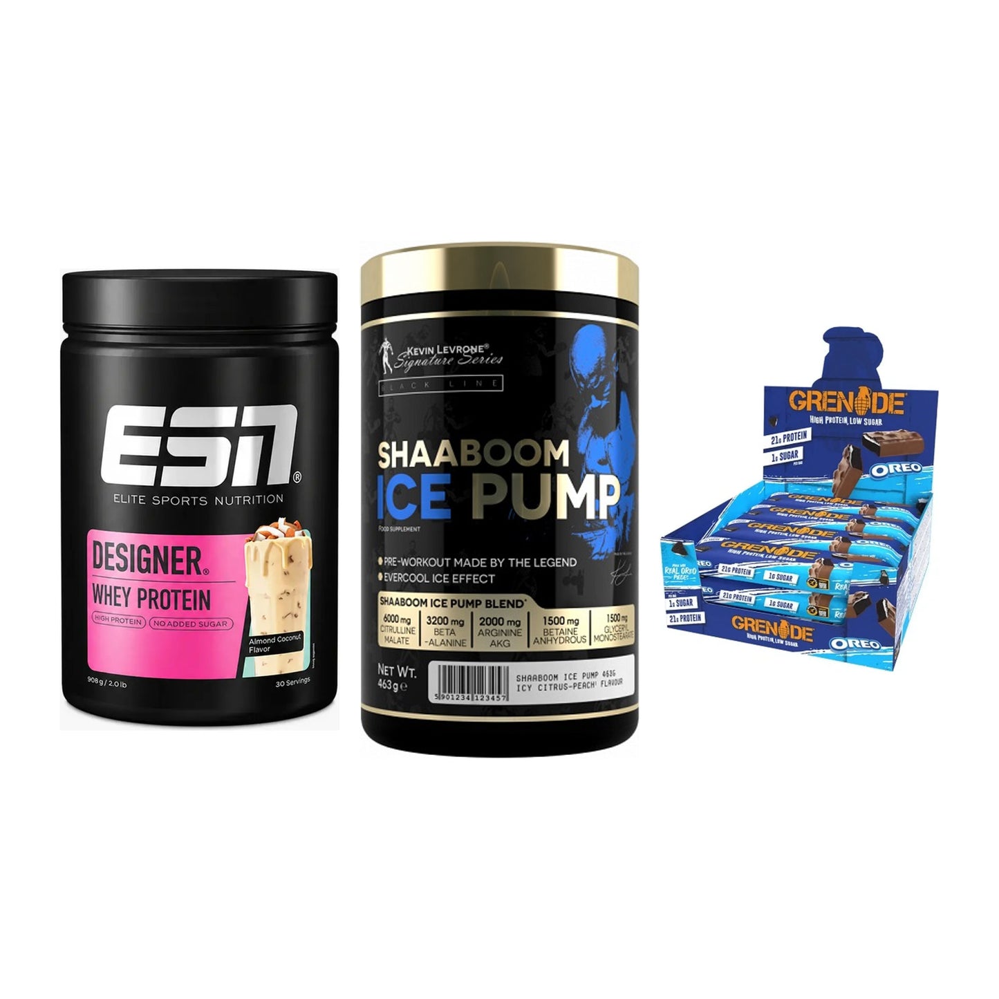 Home-Gym-Starter: ESN Designer + Kevin Levrone + 5× Grenade Protein – alle enthaltenen Artikel