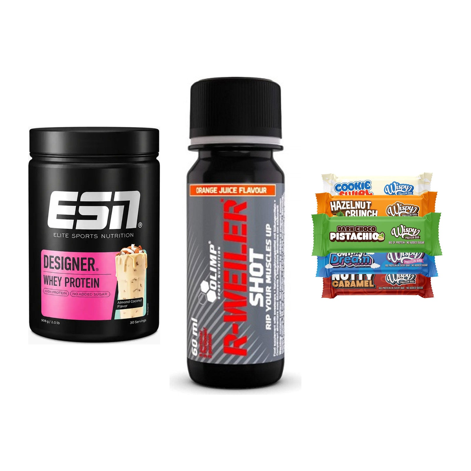 Home-Gym-Starter: ESN Designer + Olimp R-Weiler + 5× Wispy Protein – alle enthaltenen Artikel
