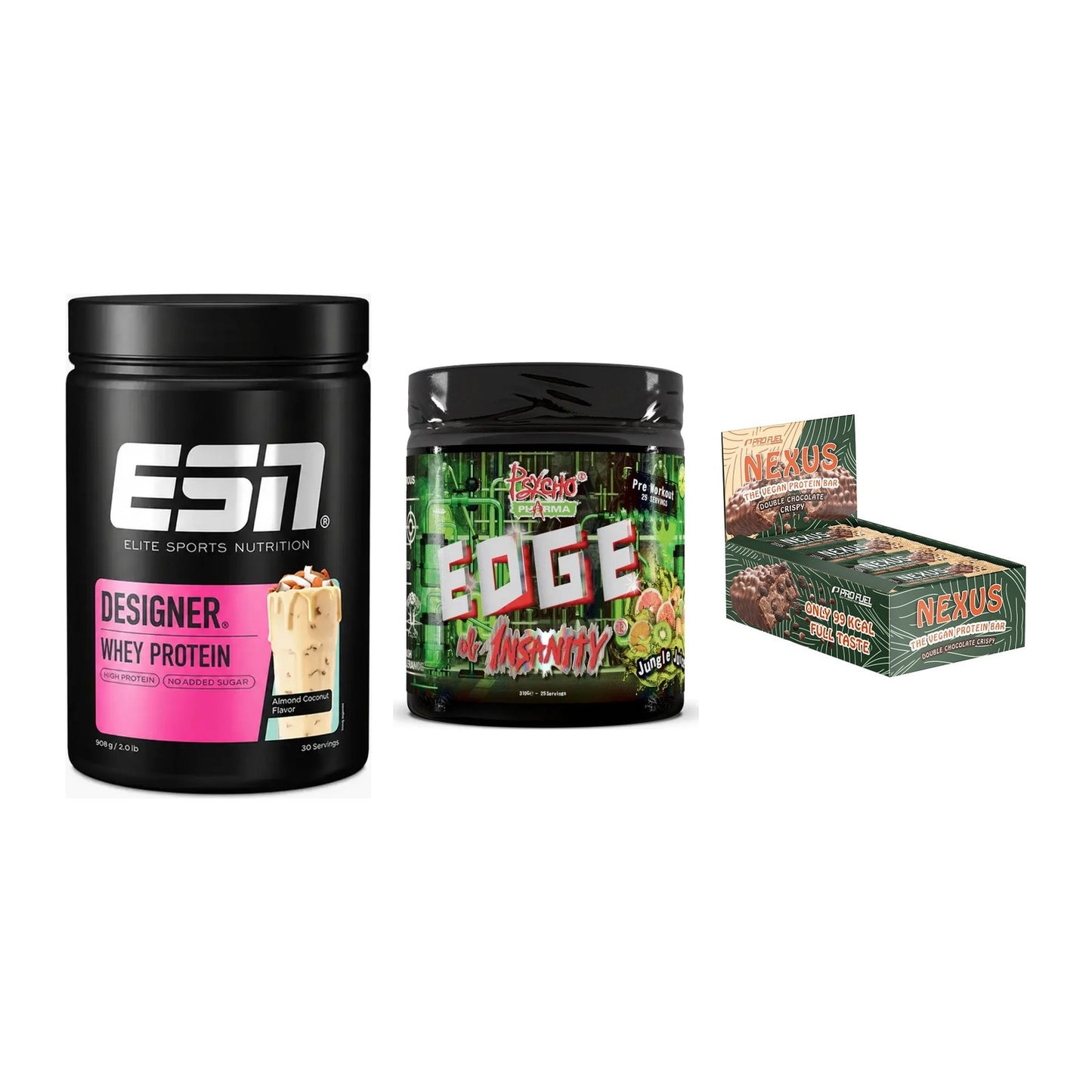 Home-Gym-Starter: ESN Designer + Psycho Pharma + 5× ProFuel Nexus – alle enthaltenen Artikel