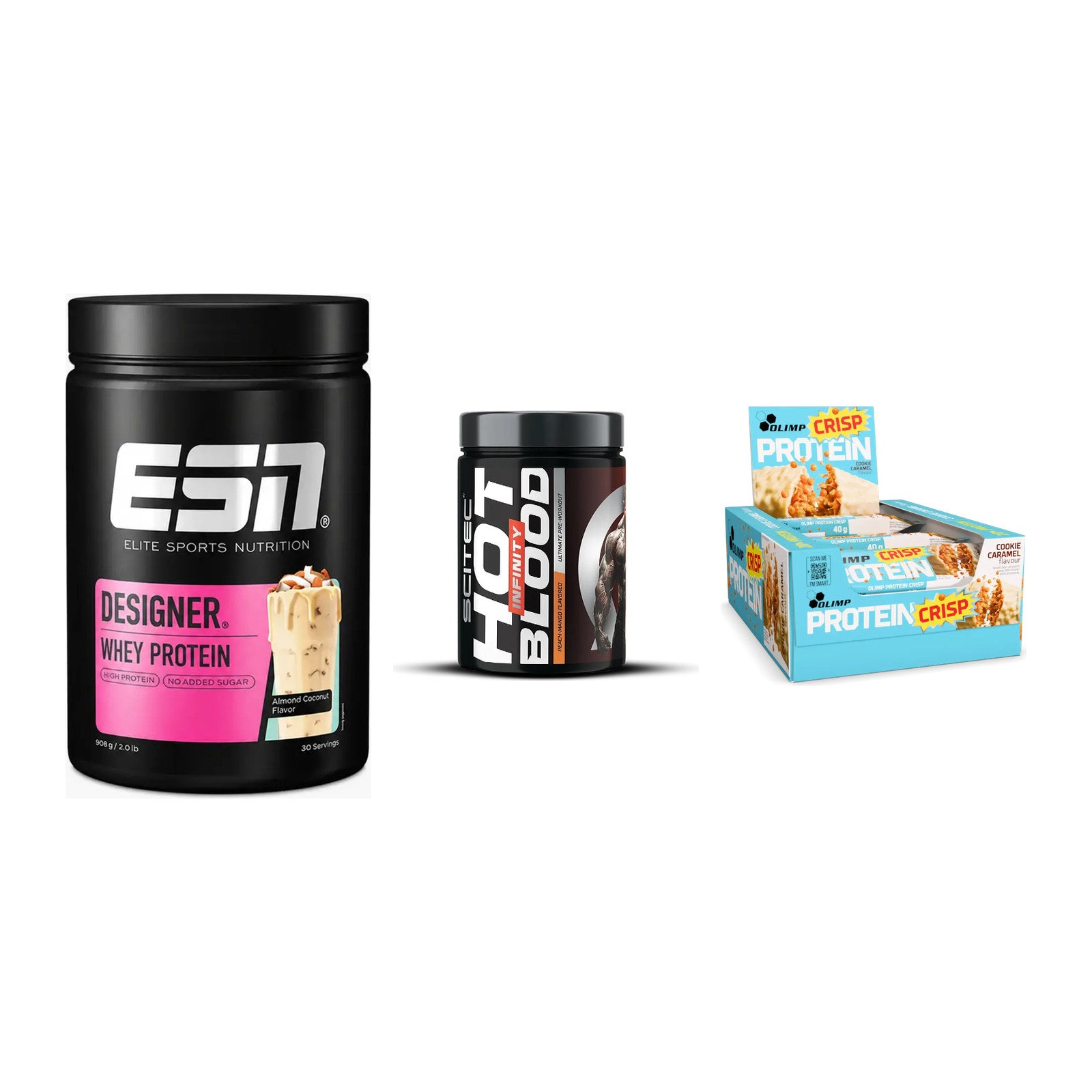 Home-Gym-Starter: ESN Designer + Scitec Hot + 5× Olimp Protein – alle enthaltenen Artikel