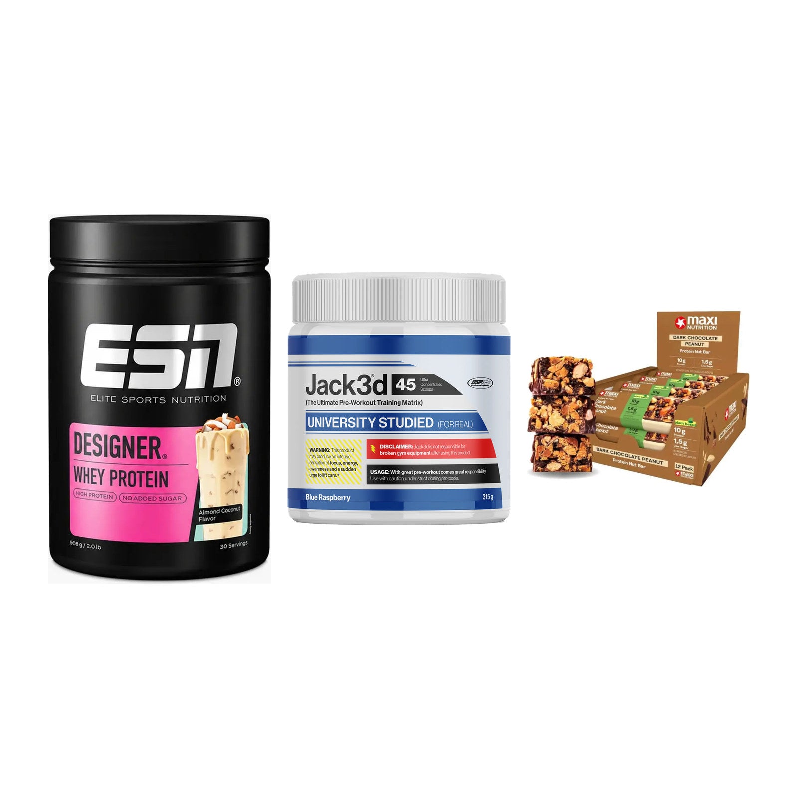 Home-Gym-Starter: ESN Designer + USP Labs Jack3d + 5× MaxiNutrition – alle enthaltenen Artikel