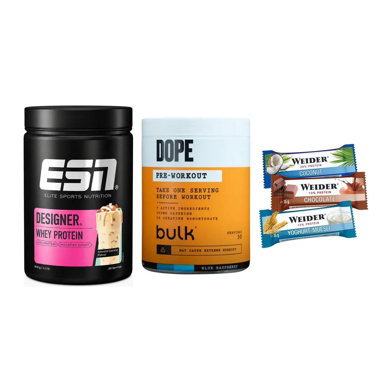 Home-Gym-Starter: ESN Designer + Bulk Dope + 5× Weider BAR – alle enthaltenen Artikel