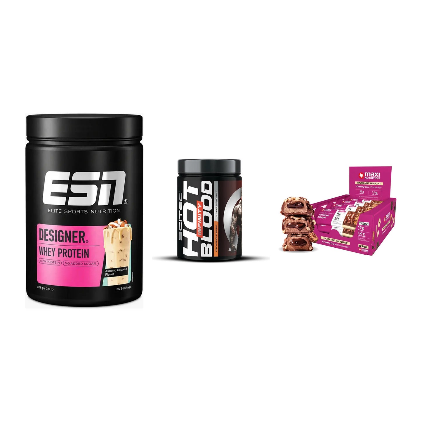 Home-Gym-Starter: ESN Designer + Scitec Hot + 5× MaxiNutrition – alle enthaltenen Artikel