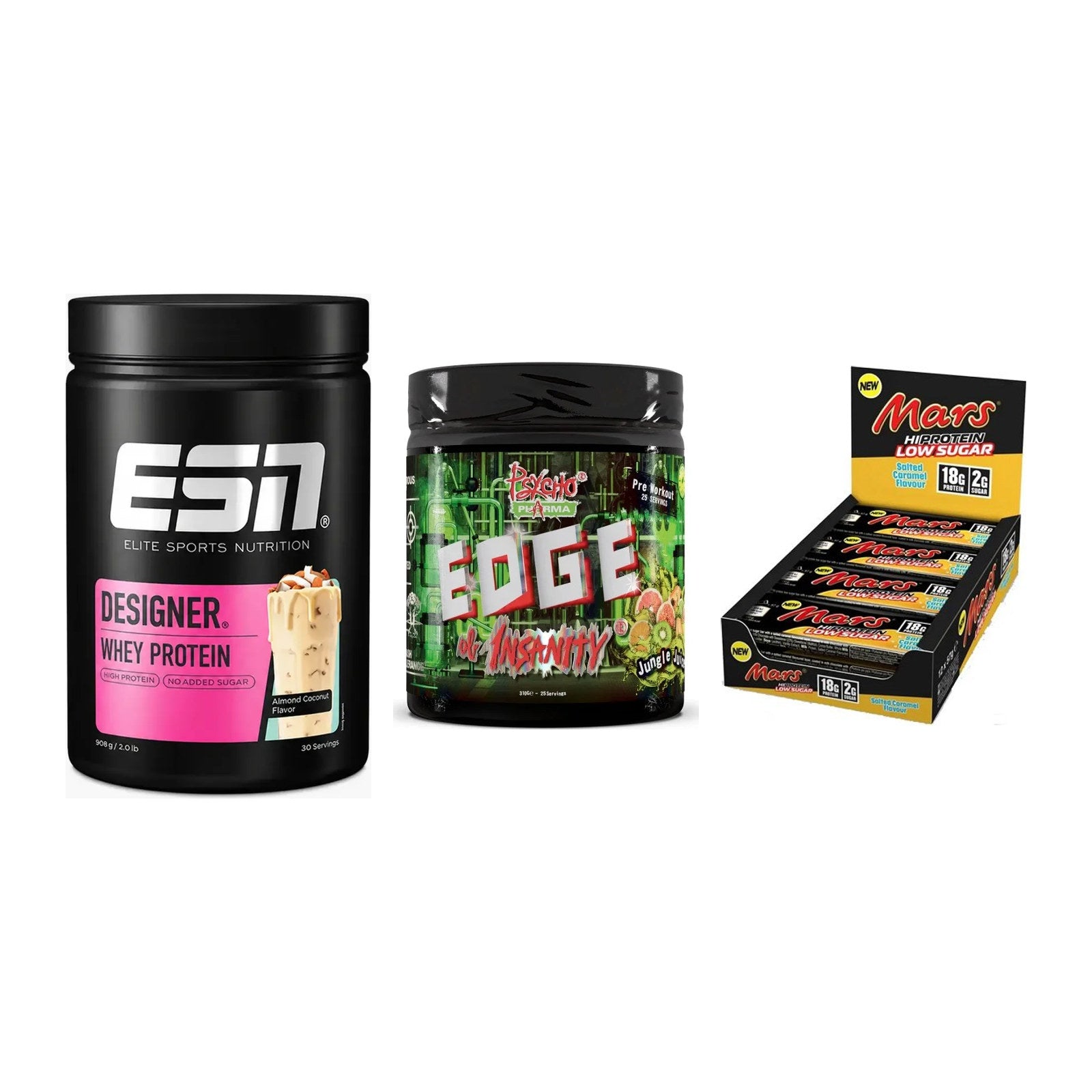 Home-Gym-Starter: ESN Designer + Psycho Pharma + 5× Mars Low Sugar – alle enthaltenen Artikel