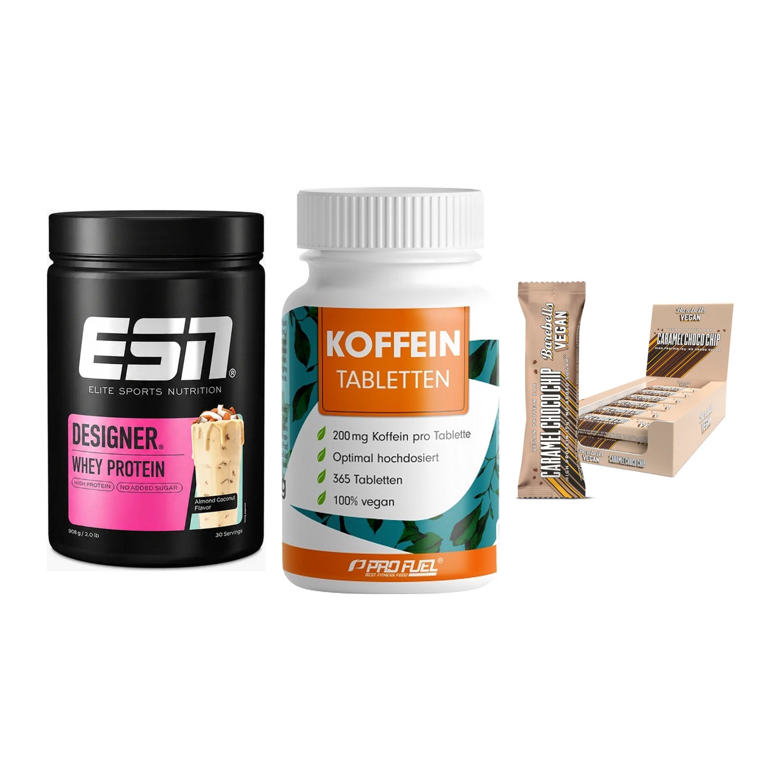 Home-Gym-Starter: ESN Designer + ProFuel Koffein + 5× Barebells Vegan – alle enthaltenen Artikel