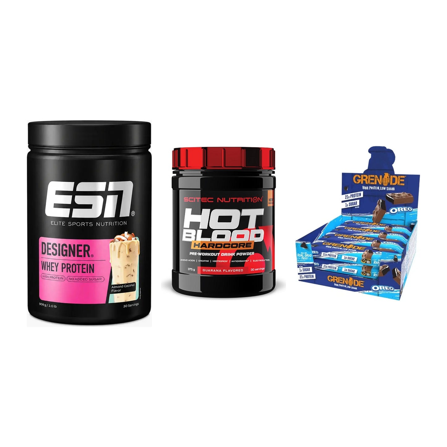 Home-Gym-Starter: ESN Designer + Scitec Hot + 5× Grenade Protein – alle enthaltenen Artikel