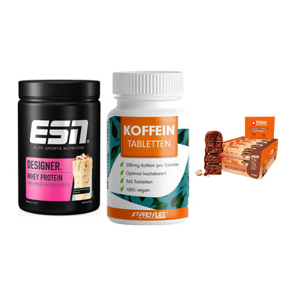 Home-Gym-Starter: ESN Designer + ProFuel Koffein + 5× MaxiNutrition – alle enthaltenen Artikel