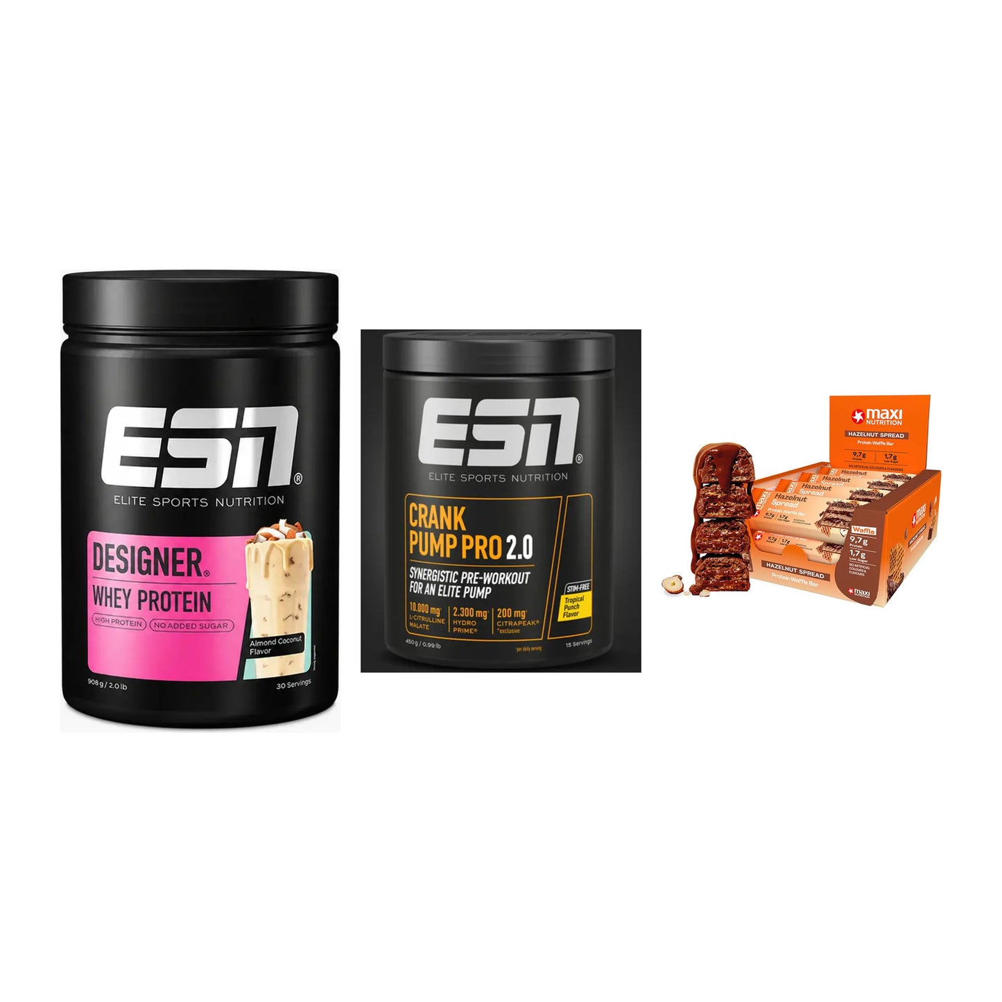 Home-Gym-Starter: ESN Designer + ESN Crank Pump + 5× MaxiNutrition – alle enthaltenen Artikel