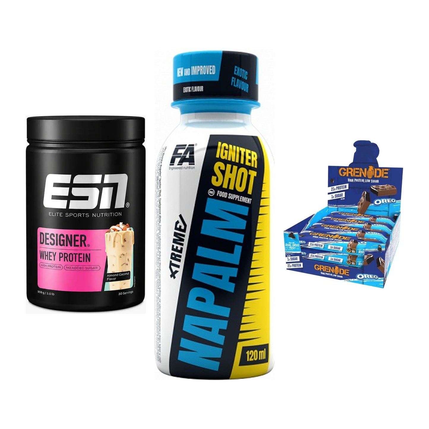 Home-Gym-Starter: ESN Designer + FA Nutrition + 5× Grenade Protein – alle enthaltenen Artikel