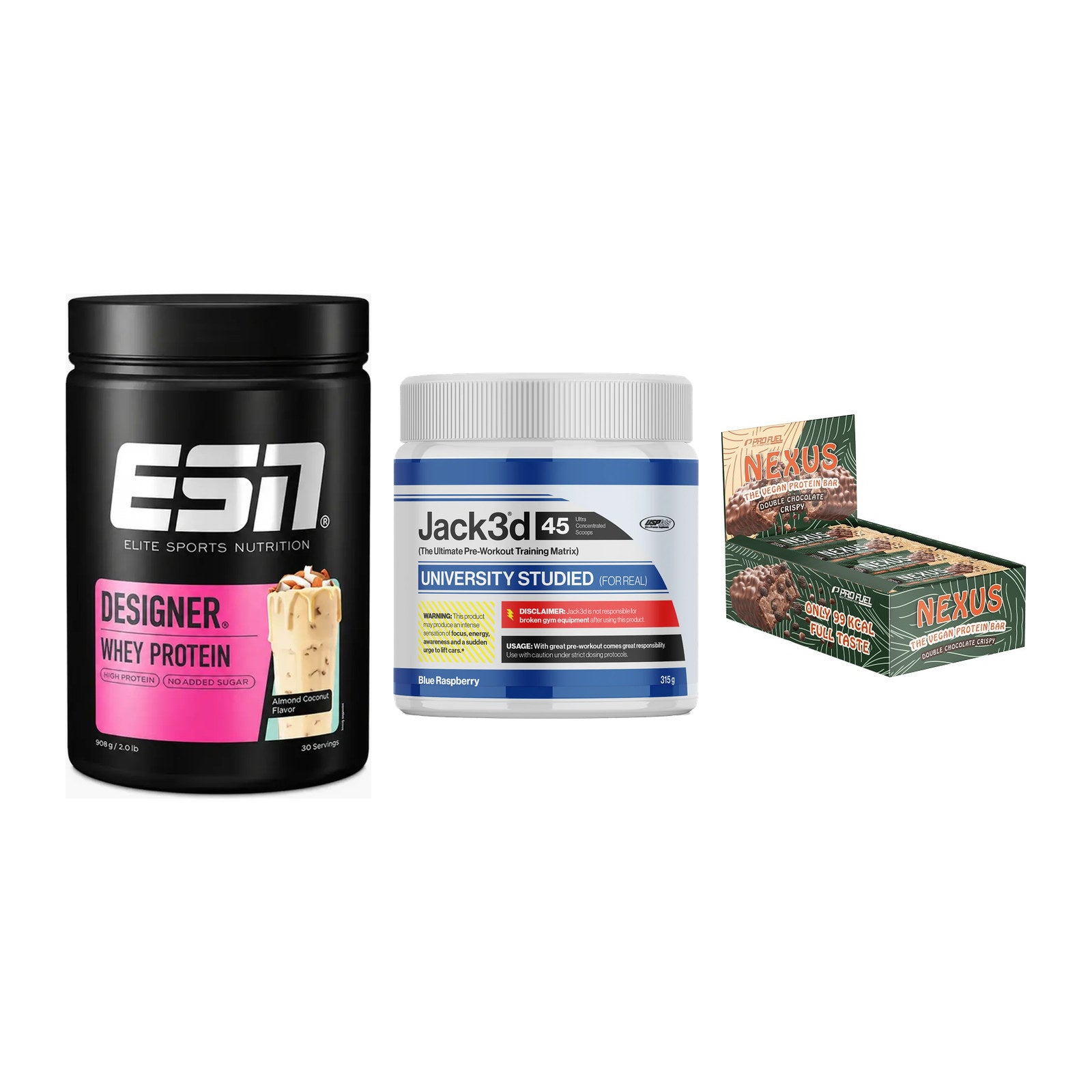 Home-Gym-Starter: ESN Designer + USP Labs Jack3d + 5× ProFuel Nexus – alle enthaltenen Artikel