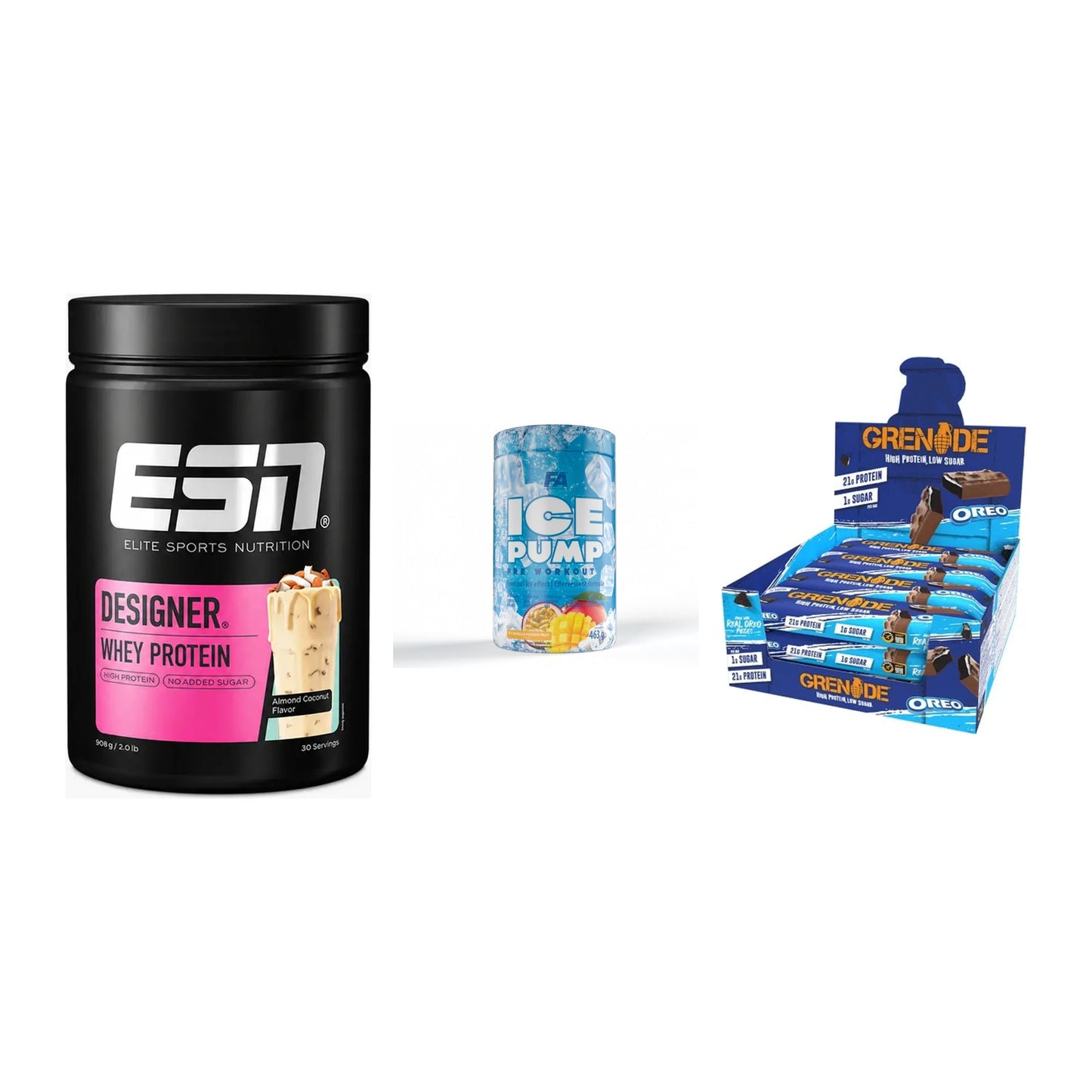 Home-Gym-Starter: ESN Designer + FA Nutrition + 5× Grenade Protein – alle enthaltenen Artikel