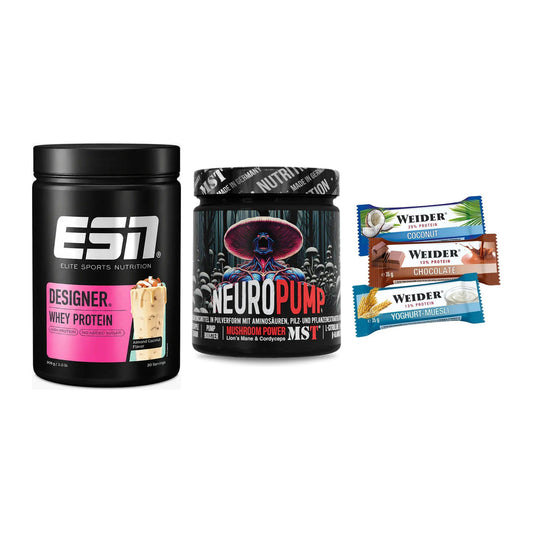 Home-Gym-Starter: ESN Designer Whey + MST NeuroPump + 5× Weider BAR – alle enthaltenen Artikel