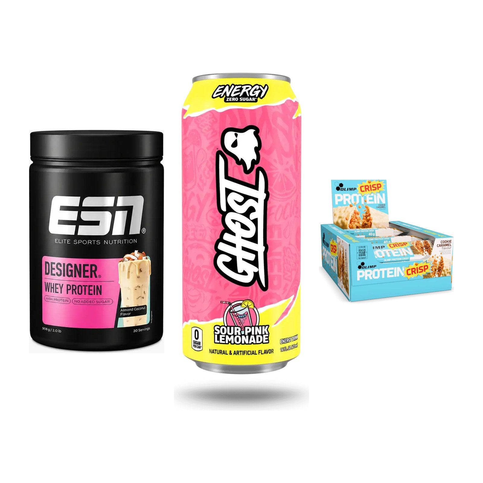 Home-Gym-Starter: ESN Designer + Ghost Energy + 5× Olimp Protein – alle enthaltenen Artikel