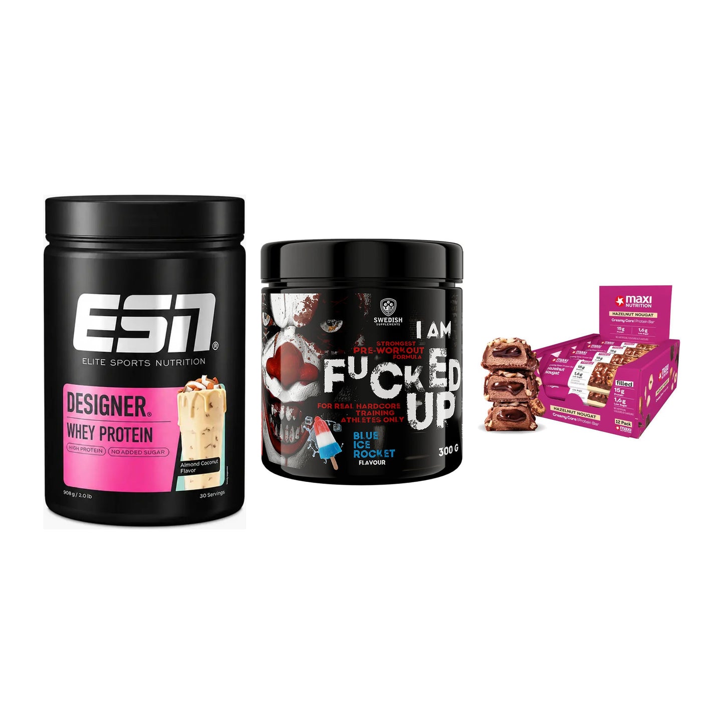 Home-Gym-Starter: ESN Designer + Swedish Supplem + 5× MaxiNutrition – alle enthaltenen Artikel