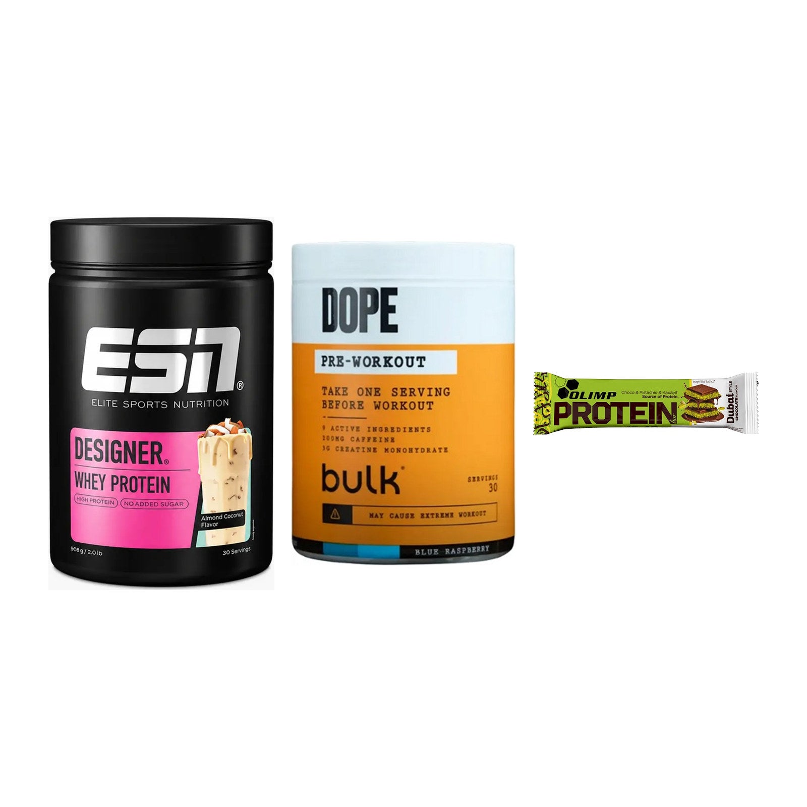 Home-Gym-Starter: ESN Designer + Bulk Dope + 5× Olimp Protein – alle enthaltenen Artikel