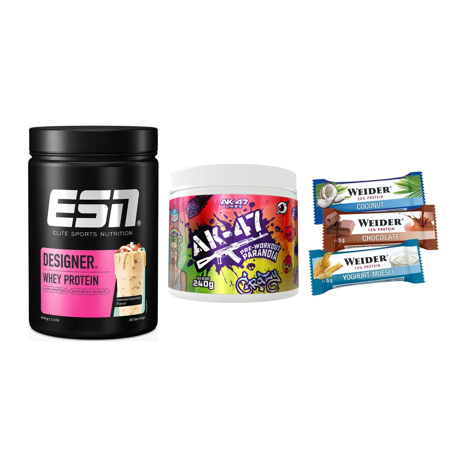 Home-Gym-Starter: ESN Designer + AK47 Labs + 5× Weider BAR – alle enthaltenen Artikel